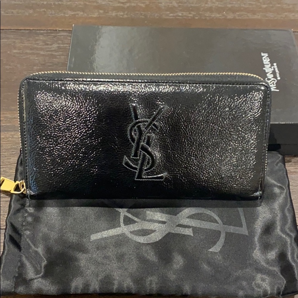 YSL black patent leather zip around wallet